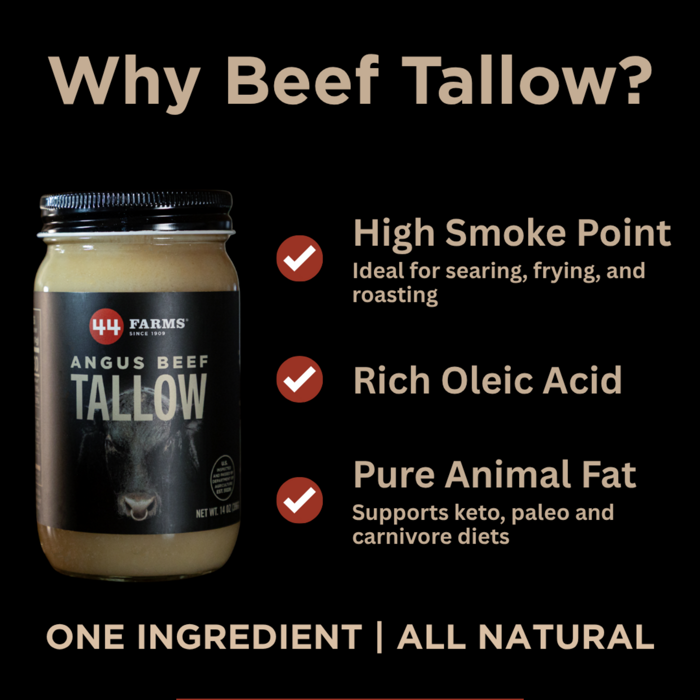 44 farms all natural angus beef tallow 14 oz jar with tallow benefits graphic